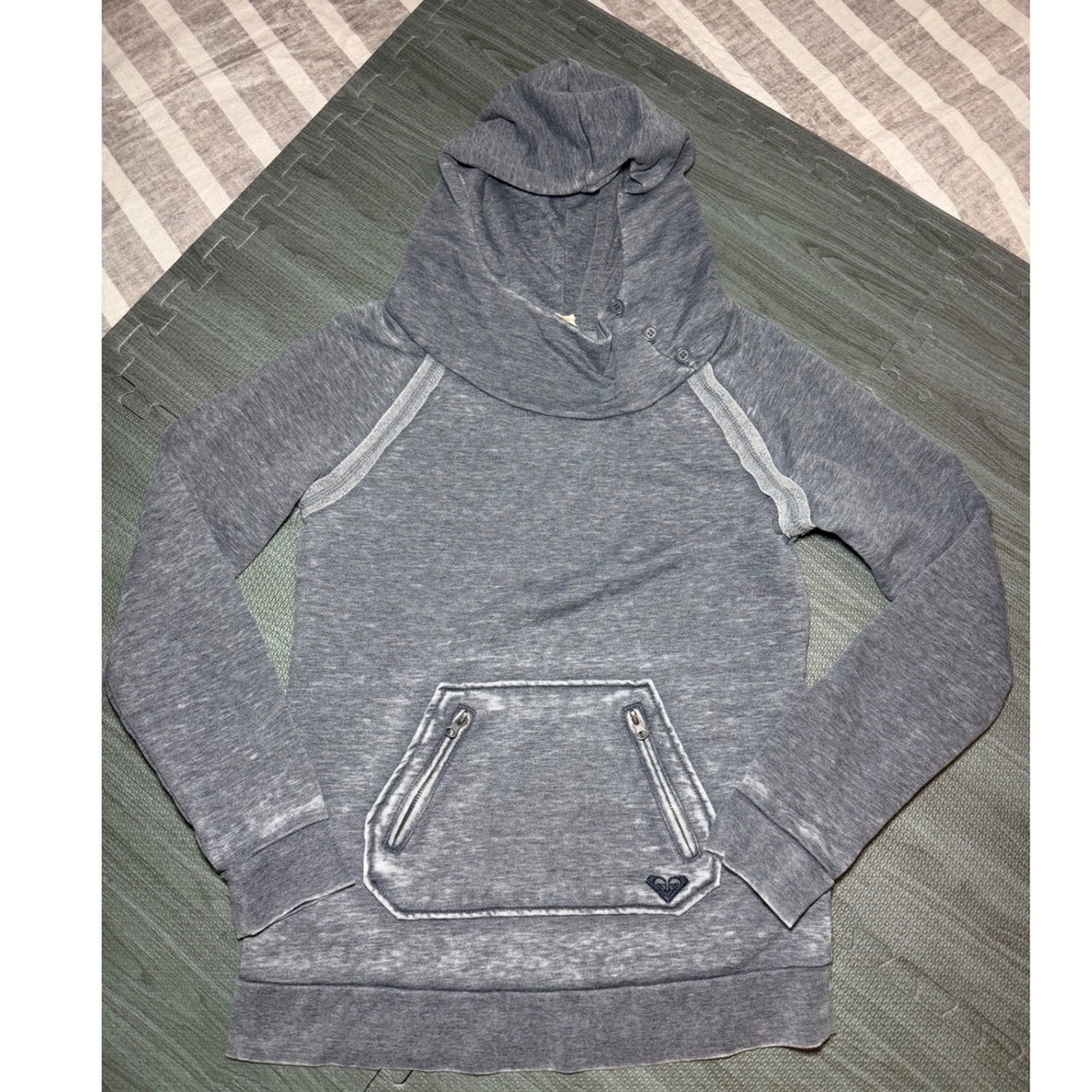 Roxy Womens Blue Grey Acid Wash Cowl Neck Button Hoodie Large